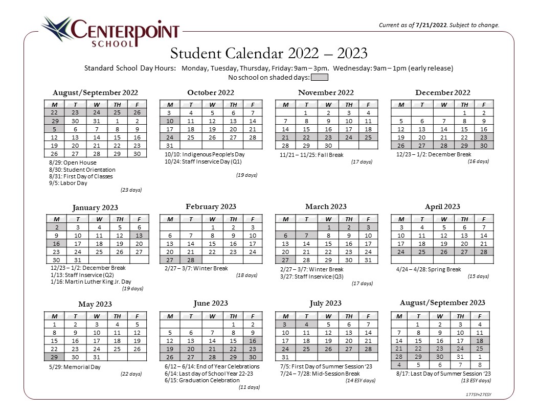 Student Calendar 2022-2023 - Centerpoint Services
